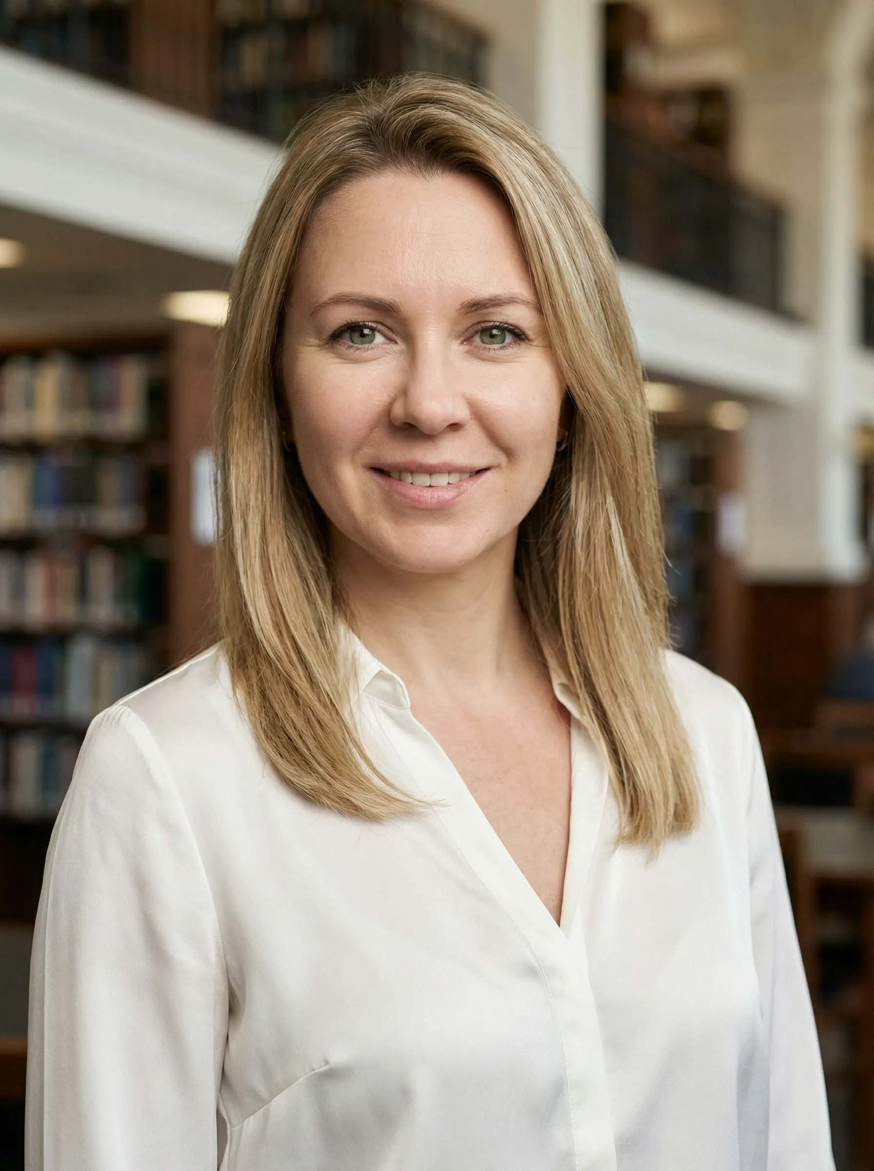 Department head in formal suit with academic office environment